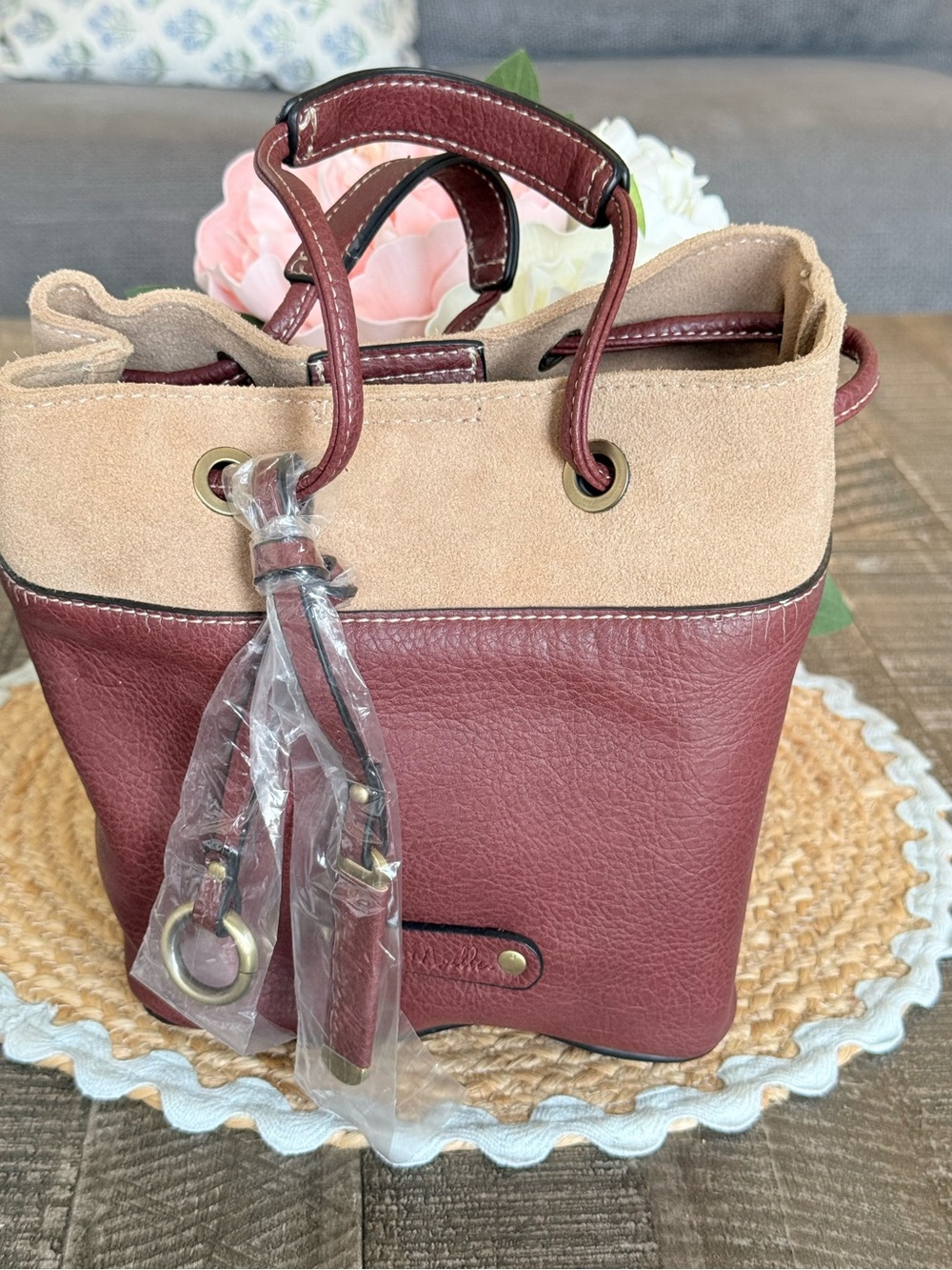 Simply Noelle Two-Tone Burgundy and Tan Drawstring Mini Bucket Bag